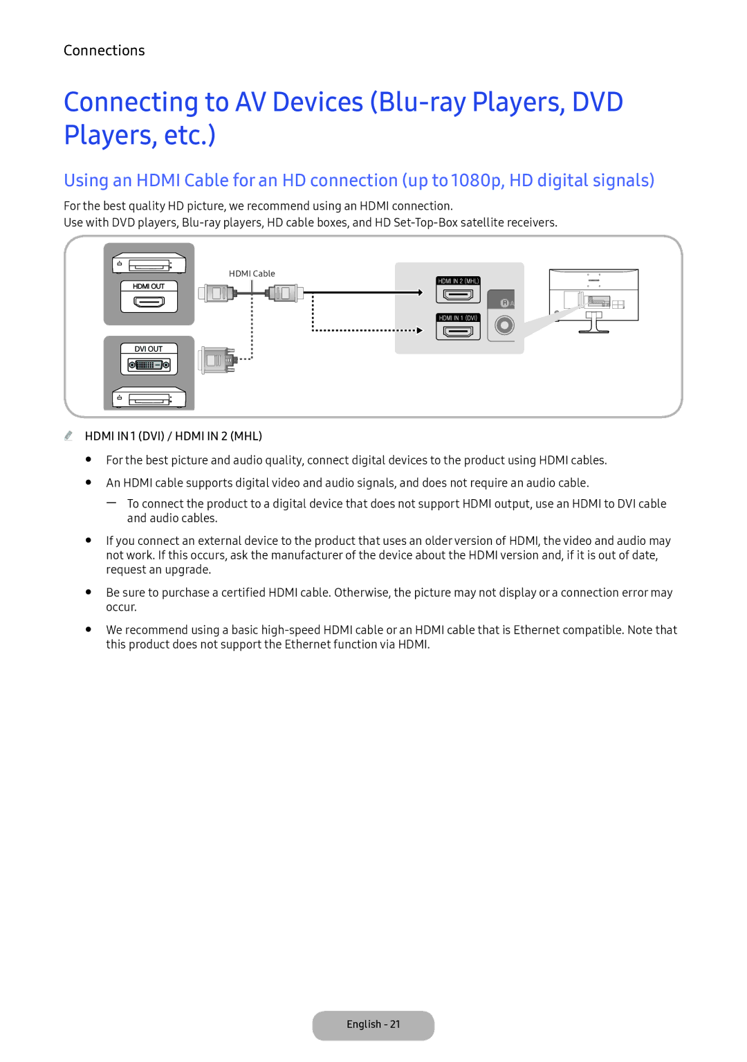 Samsung LV32F390FEIXEN Connecting to AV Devices Blu-ray Players, DVD Players, etc, Audio cables, Request an upgrade, Occur 