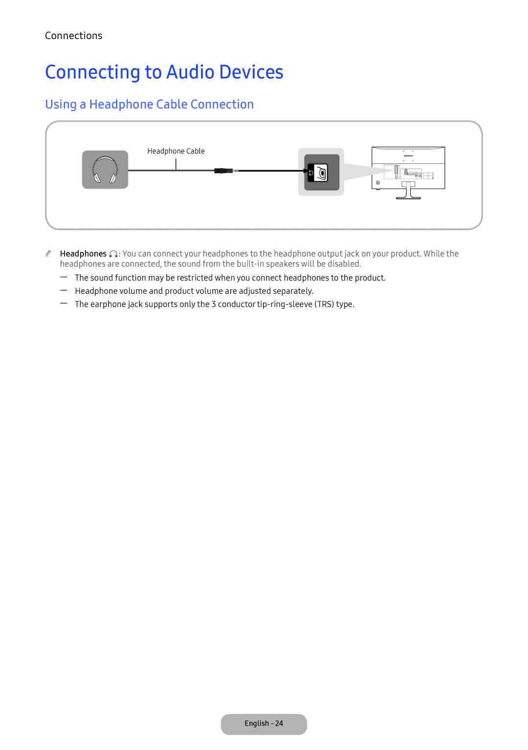 Samsung LV27F390FEWXEN, LV32F390FEWXEN, LV32F390FEXXEN manual Connecting to Audio Devices, Using a Headphone Cable Connection 