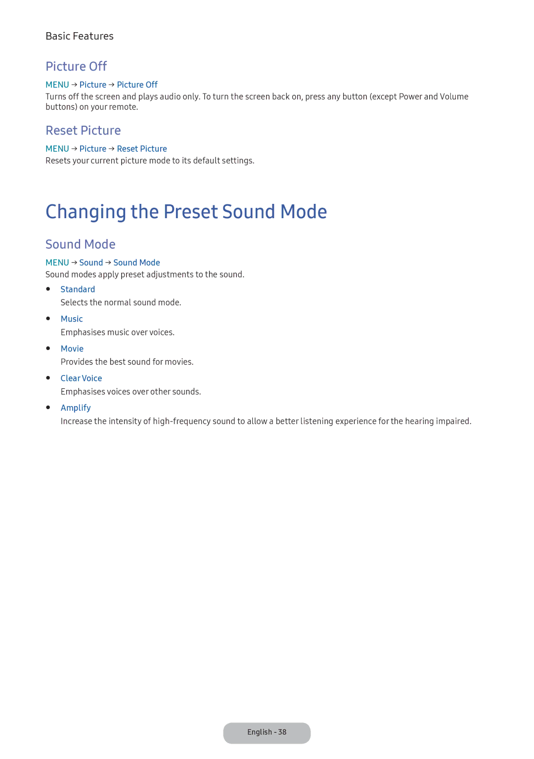 Samsung LV32F390FEXXEN, LV27F390FEWXEN, LV32F390FEWXEN manual Changing the Preset Sound Mode, Picture Off, Reset Picture 