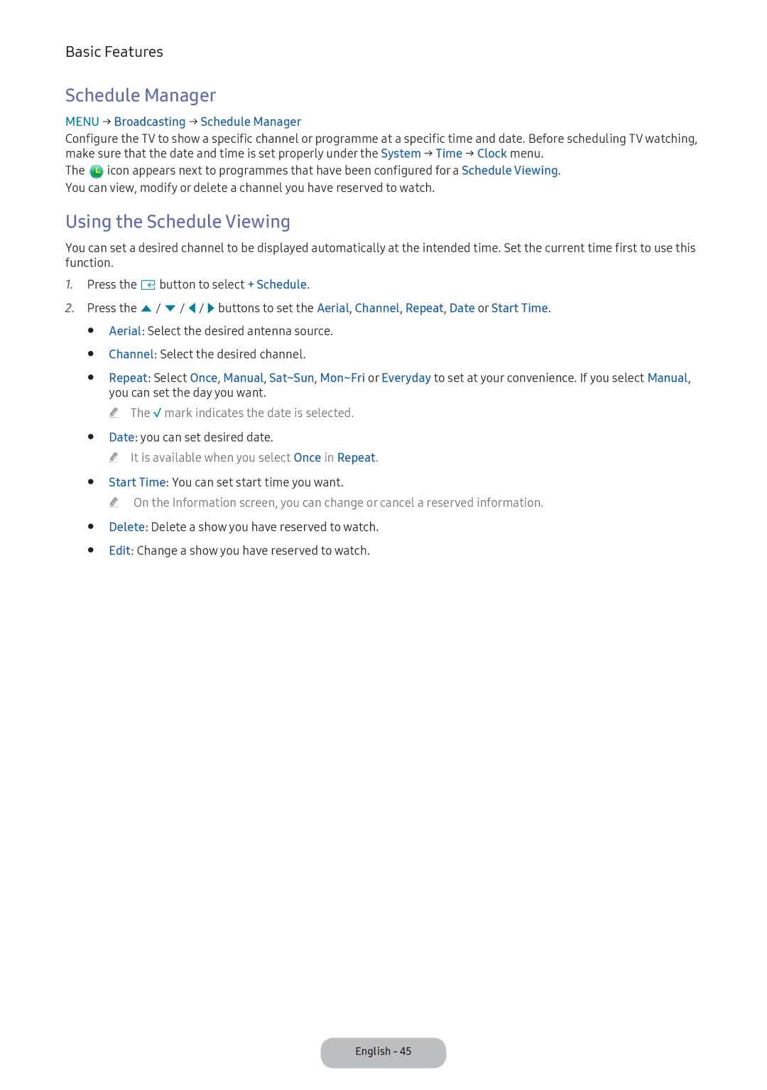 Samsung LV32F390FEIXEN, LV27F390FEWXEN manual Using the Schedule Viewing, Menu → Broadcasting → Schedule Manager 