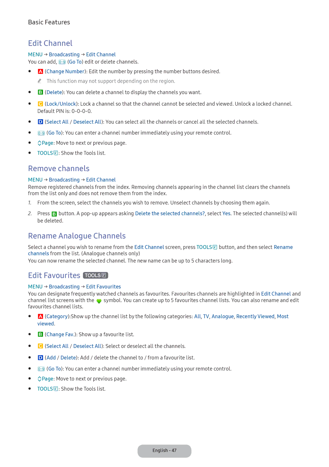 Samsung LV32F390FEXXXE, LV27F390FEWXEN manual Edit Channel, Remove channels, Rename Analogue Channels, Edit Favourites t 