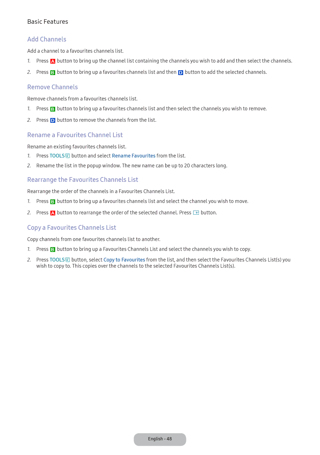 Samsung LV27F390FEWXEN Add Channels, Remove Channels, Rename a Favourites Channel List, Copy a Favourites Channels List 