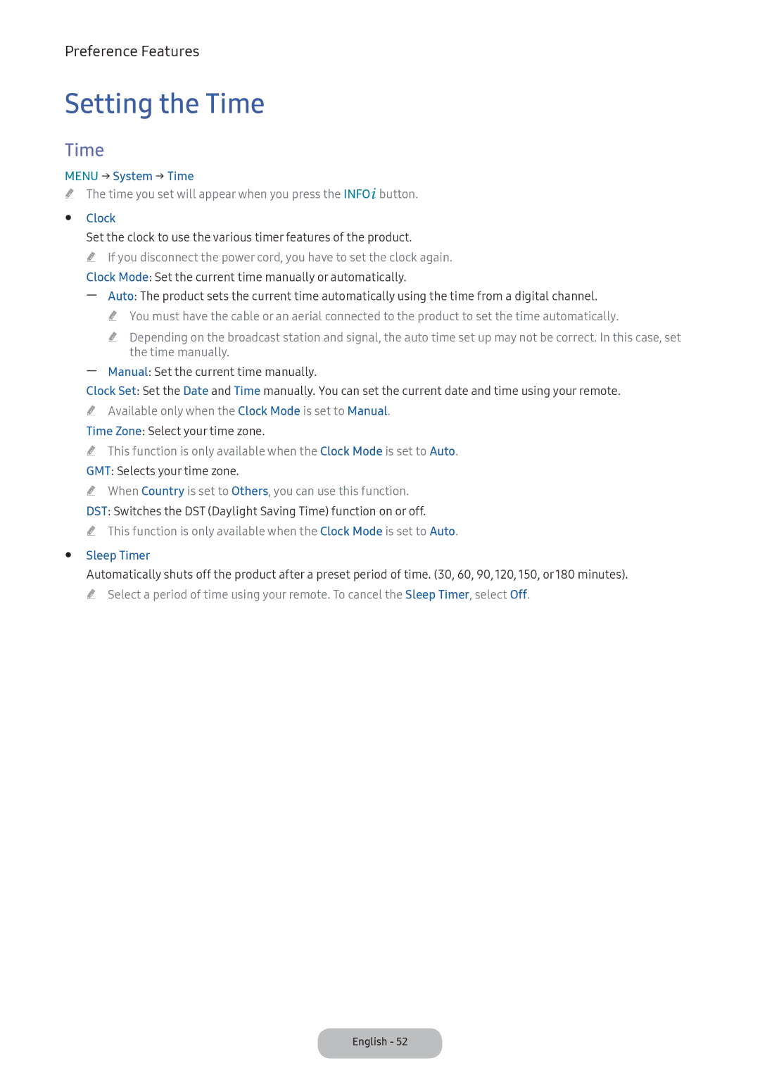 Samsung LV27F390FEIXEN, LV27F390FEWXEN, LV32F390FEWXEN manual Setting the Time, Menu → System → Time, Clock, Sleep Timer 