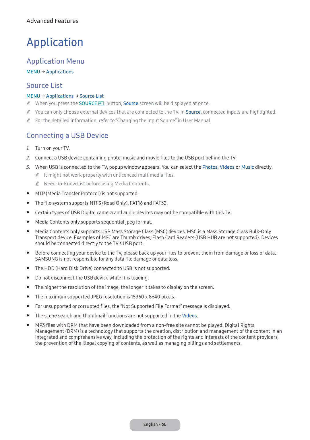 Samsung LV27F390FEWXEN, LV32F390FEWXEN, LV32F390FEXXEN manual Application Menu, Source List, Connecting a USB Device 