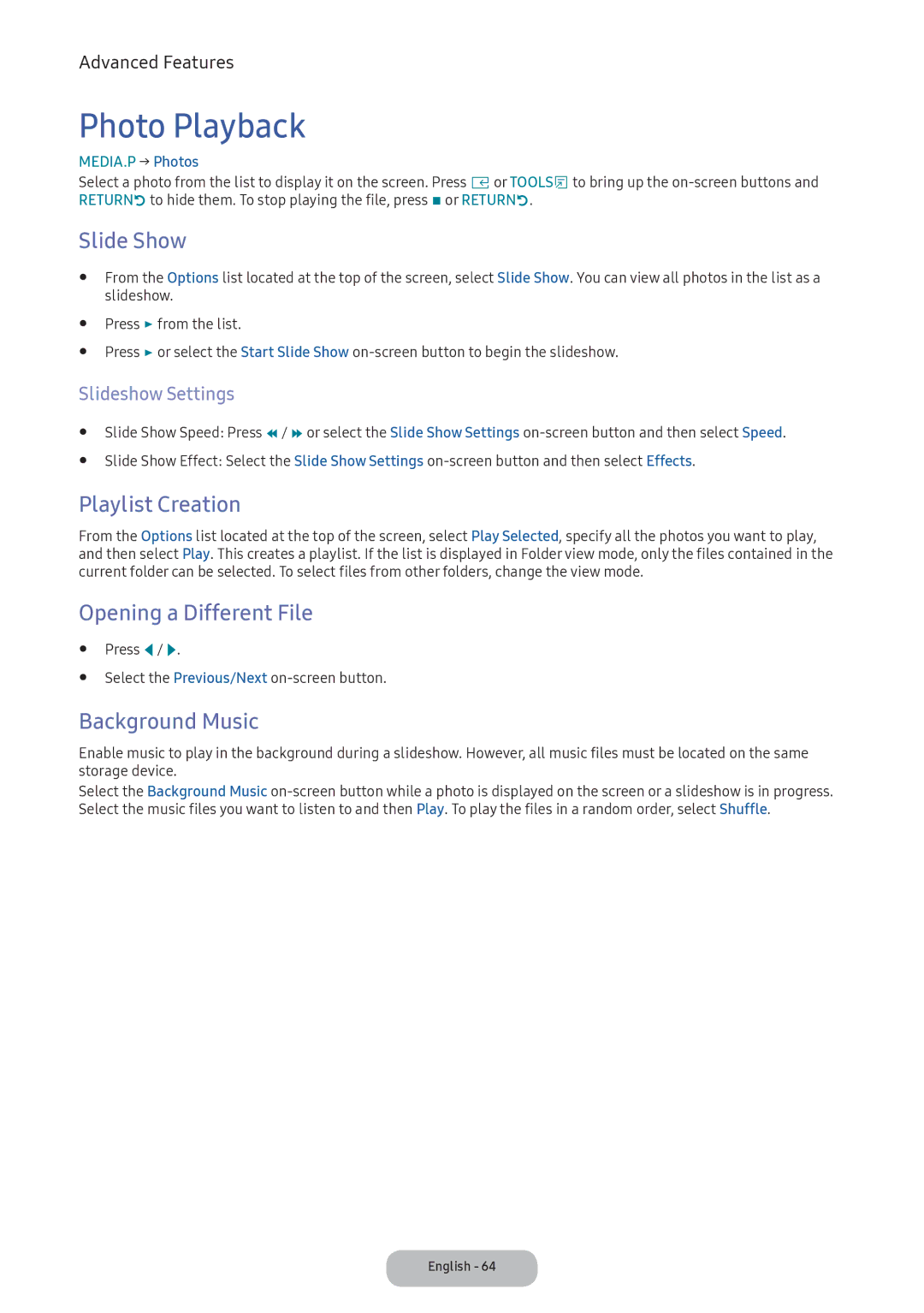 Samsung LV27F390FEIXEN manual Photo Playback, Slide Show, Playlist Creation, Opening a Different File, Background Music 