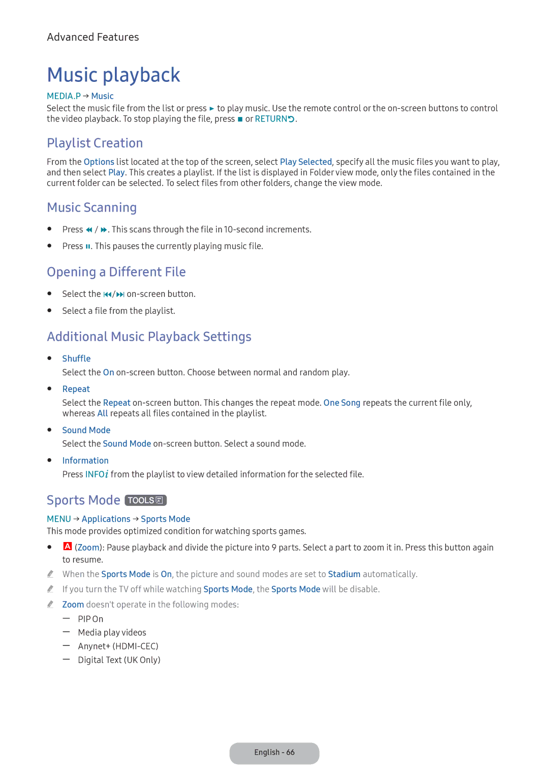 Samsung LV27F390FEWXEN, LV32F390FEWXEN Music playback, Music Scanning, Additional Music Playback Settings, Sports Mode t 