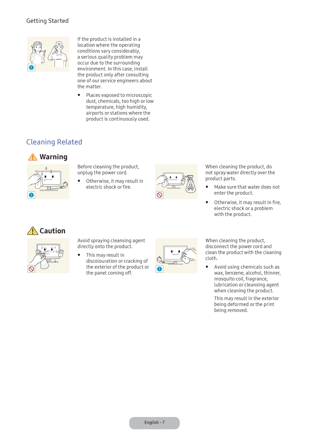 Samsung LV32F390FEWXEN, LV27F390FEWXEN Cleaning Related, Enter the product, Electric shock or a problem, With the product 