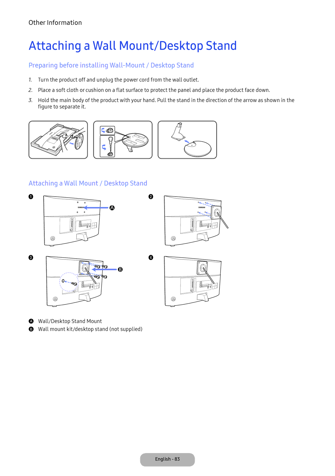 Samsung LV32F390FEXXXE manual Attaching a Wall Mount/Desktop Stand, Preparing before installing Wall-Mount / Desktop Stand 