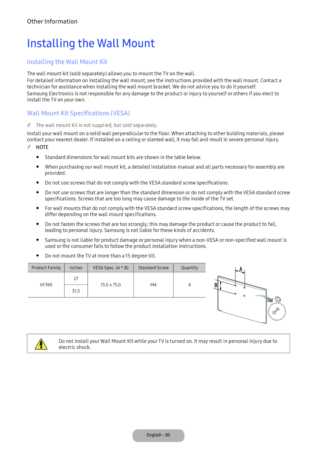 Samsung LV32F390FEWXEN, LV27F390FEWXEN manual Installing the Wall Mount Kit, Wall Mount Kit Specifications Vesa 