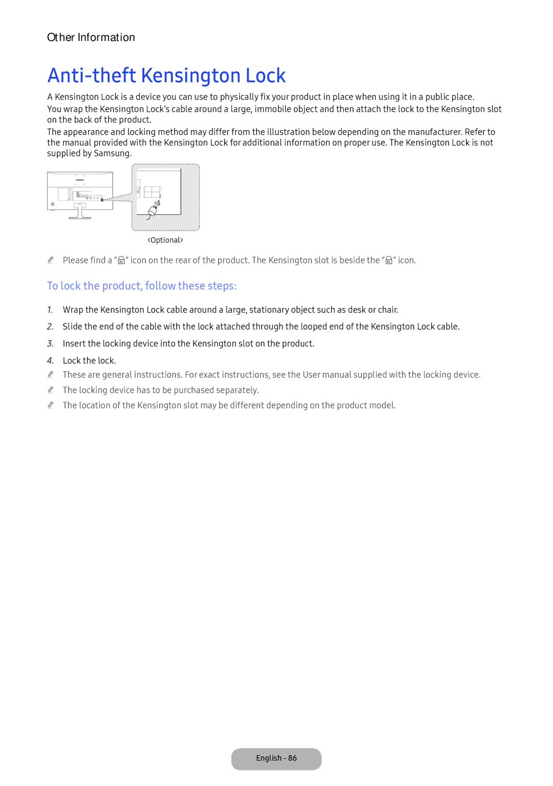 Samsung LV32F390FEXXEN, LV27F390FEWXEN, LV32F390FEWXEN Anti-theft Kensington Lock, To lock the product, follow these steps 