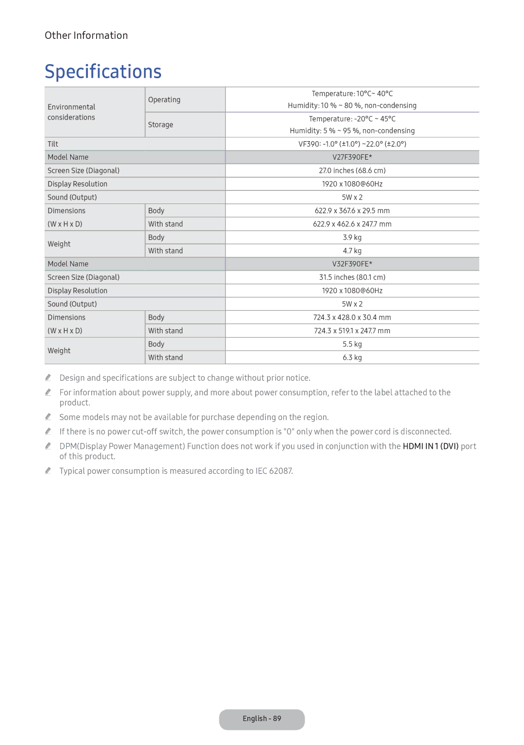 Samsung LV32F390FEXXXE, LV27F390FEWXEN, LV32F390FEWXEN, LV32F390FEXXEN, LV32F390FEIXEN, LV27F390FEIXEN manual Specifications 