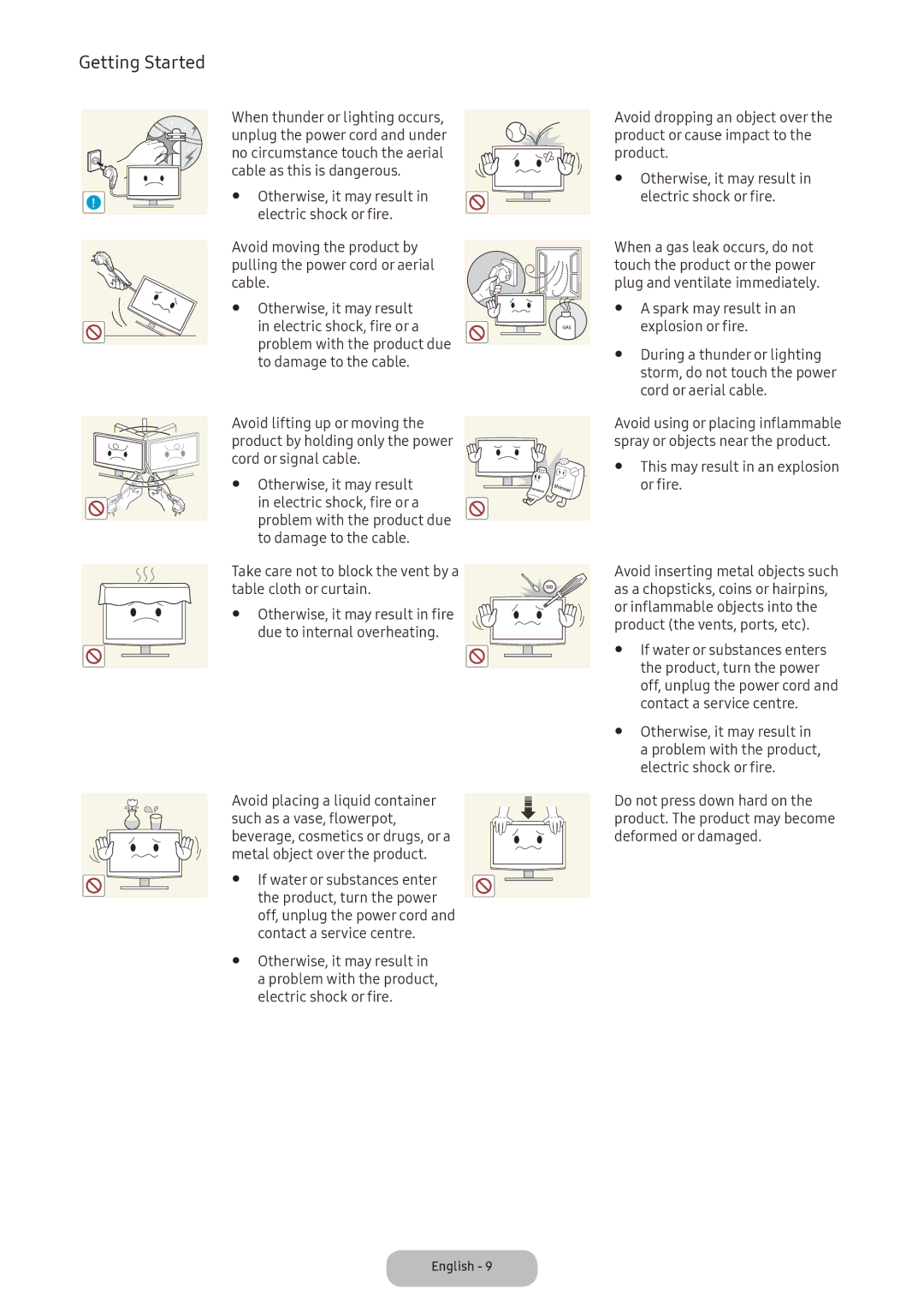 Samsung LV32F390FEIXEN Contact a service centre, Problem with the product, Electric shock or fire, Cord or aerial cable 