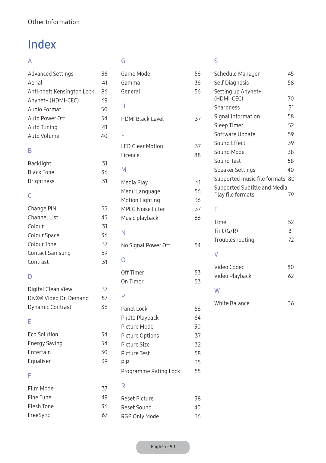 Samsung LV27F390FEWXEN, LV32F390FEWXEN, LV32F390FEXXEN, LV32F390FEIXEN, LV27F390FEIXEN manual Index, 31 O, 57 P, 37 R, 37 T 