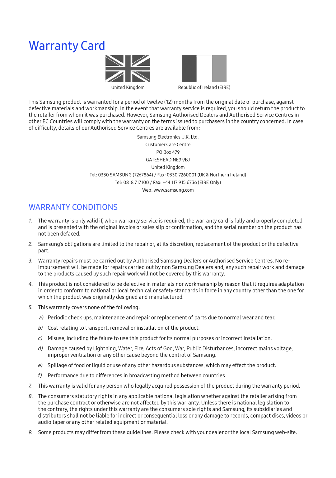 Samsung LV32F390FEWXEN, LV27F390FEWXEN, LV32F390FEXXEN, LV32F390FEIXEN, LV27F390FEIXEN manual Warranty Card, Gateshead NE9 9BJ 