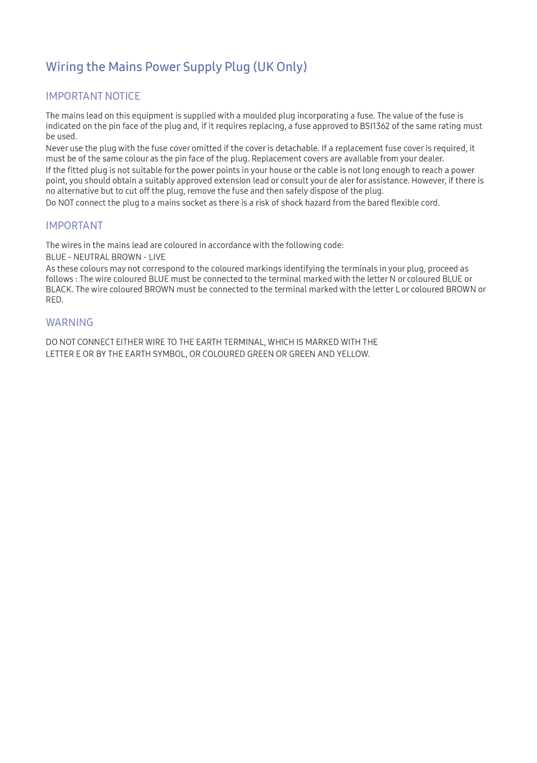 Samsung LV32F390FEXXEN, LV27F390FEWXEN, LV32F390FEWXEN manual Wiring the Mains Power Supply Plug UK Only, Important Notice 
