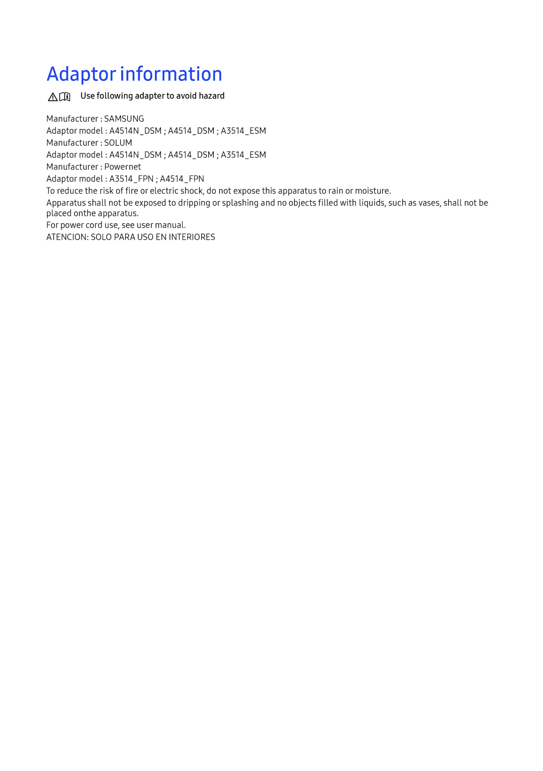 Samsung LV32F390FEIXEN, LV27F390FEWXEN, LV32F390FEWXEN manual Adaptor information, Use following adapter to avoid hazard 