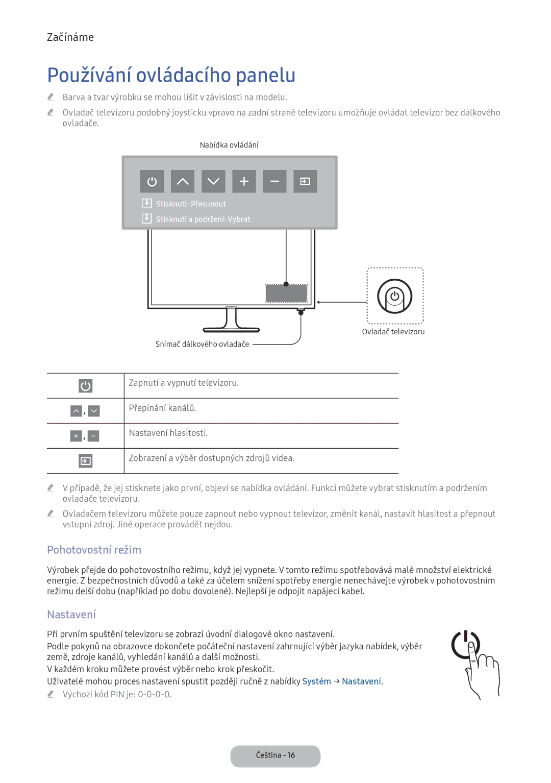 Samsung LV32F390FEWXEN, LV27F390FEWXEN, LV32F390FEXXEN manual Používání ovládacího panelu, Pohotovostní režim, Nastavení 