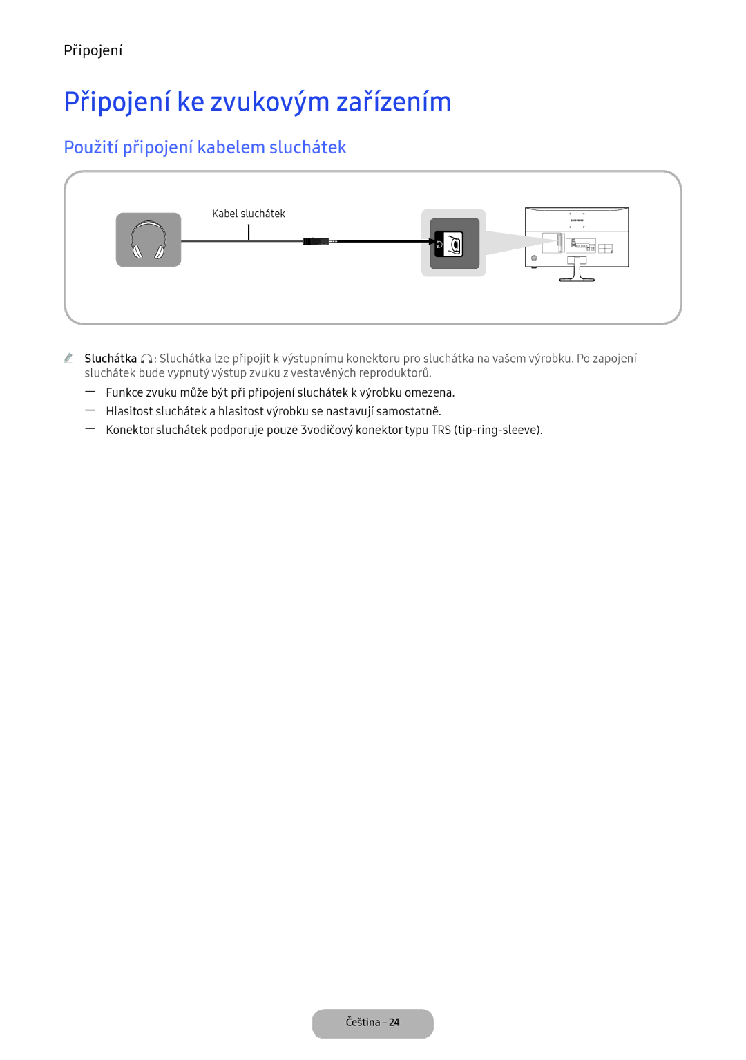 Samsung LV27F390FEIXEN, LV27F390FEWXEN, LV32F390FEWXEN Připojení ke zvukovým zařízením, Použití připojení kabelem sluchátek 