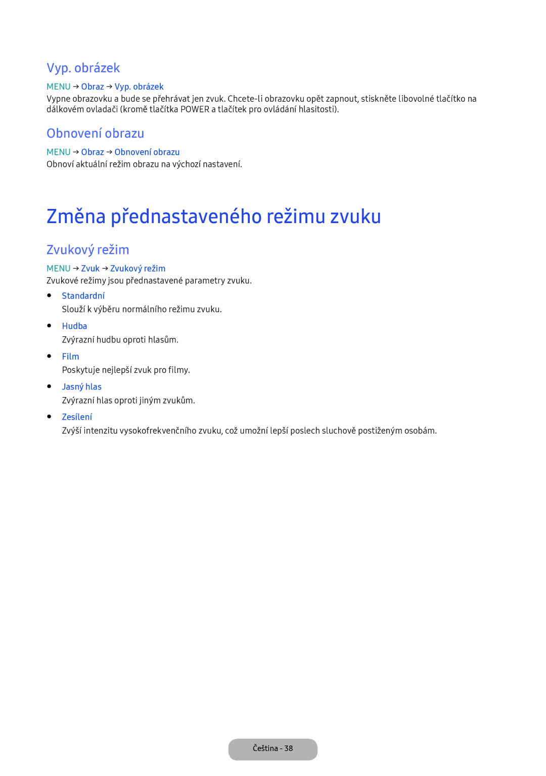 Samsung LV32F390FEIXEN, LV27F390FEWXEN Změna přednastaveného režimu zvuku, Vyp. obrázek, Obnovení obrazu, Zvukový režim 