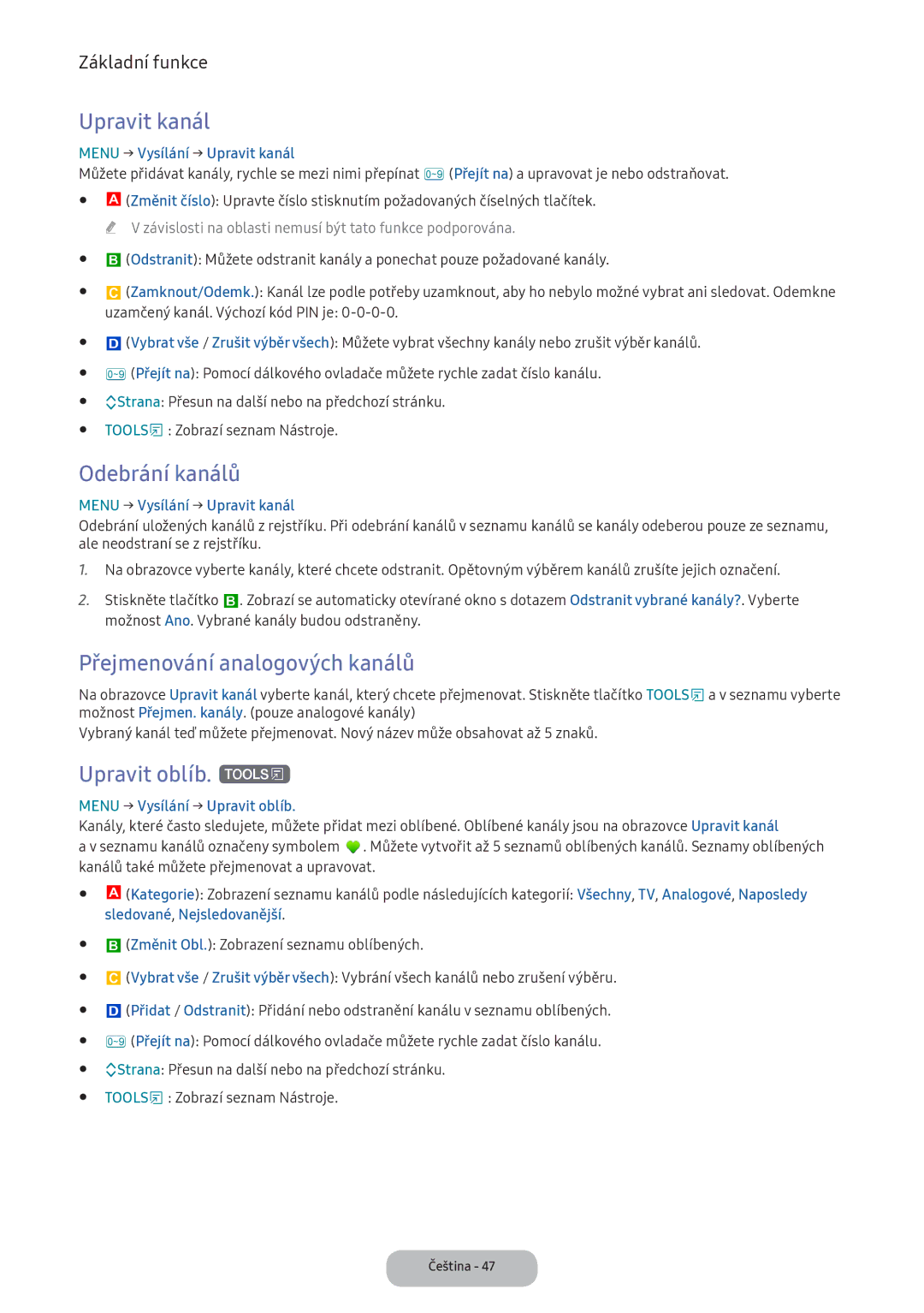 Samsung LV32F390FEXXEN, LV27F390FEWXEN Upravit kanál, Odebrání kanálů, Přejmenování analogových kanálů, Upravit oblíb. t 