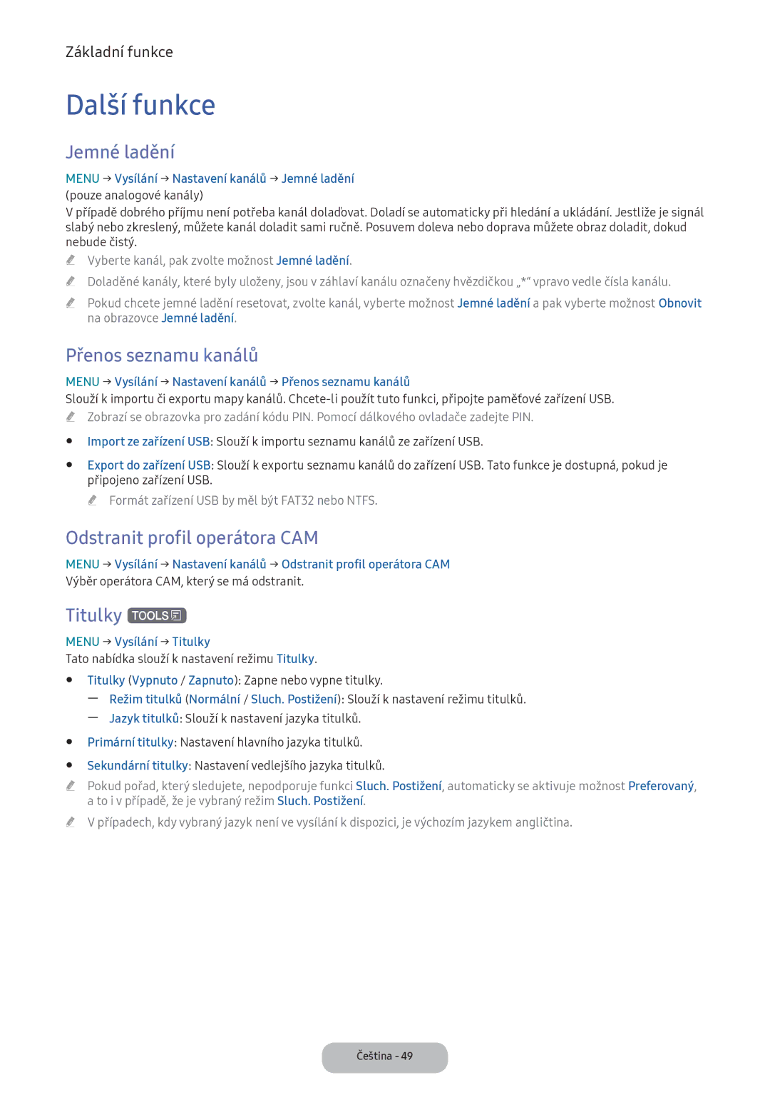 Samsung LV27F390FEIXEN manual Další funkce, Jemné ladění, Přenos seznamu kanálů, Odstranit profil operátora CAM, Titulky t 