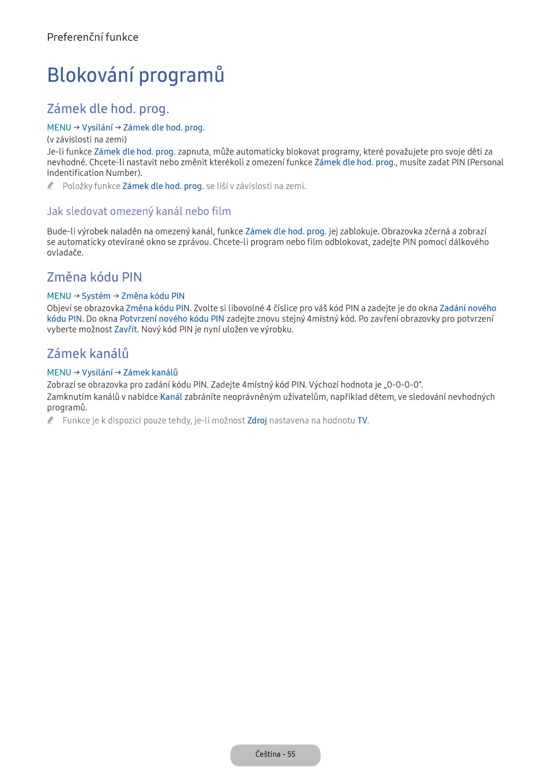 Samsung LV27F390FEWXEN, LV32F390FEWXEN manual Blokování programů, Zámek dle hod. prog, Změna kódu PIN, Zámek kanálů 