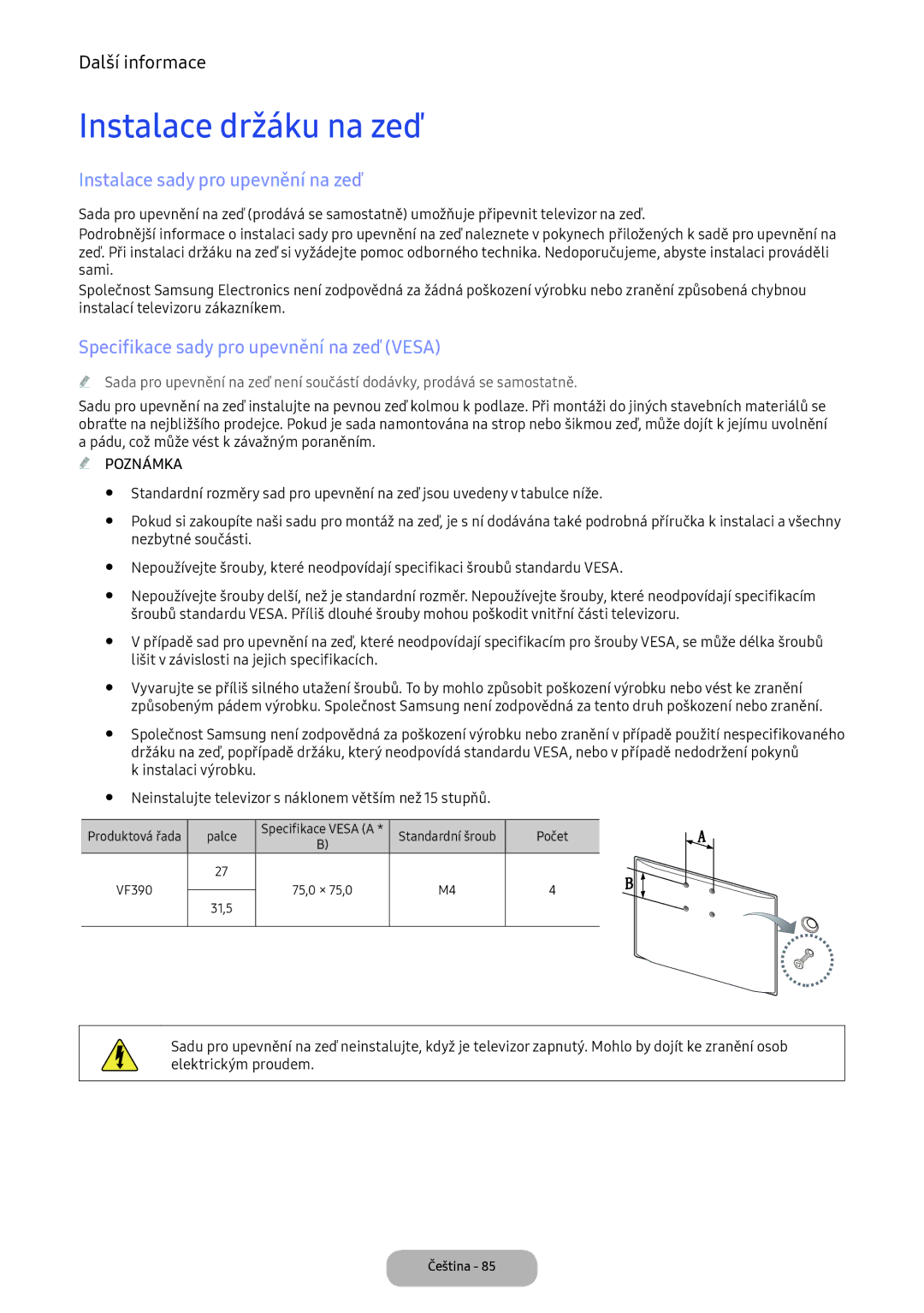 Samsung LV27F390FEWXEN, LV32F390FEWXEN, LV32F390FEXXEN manual Instalace držáku na zeď, Instalace sady pro upevnění na zeď 