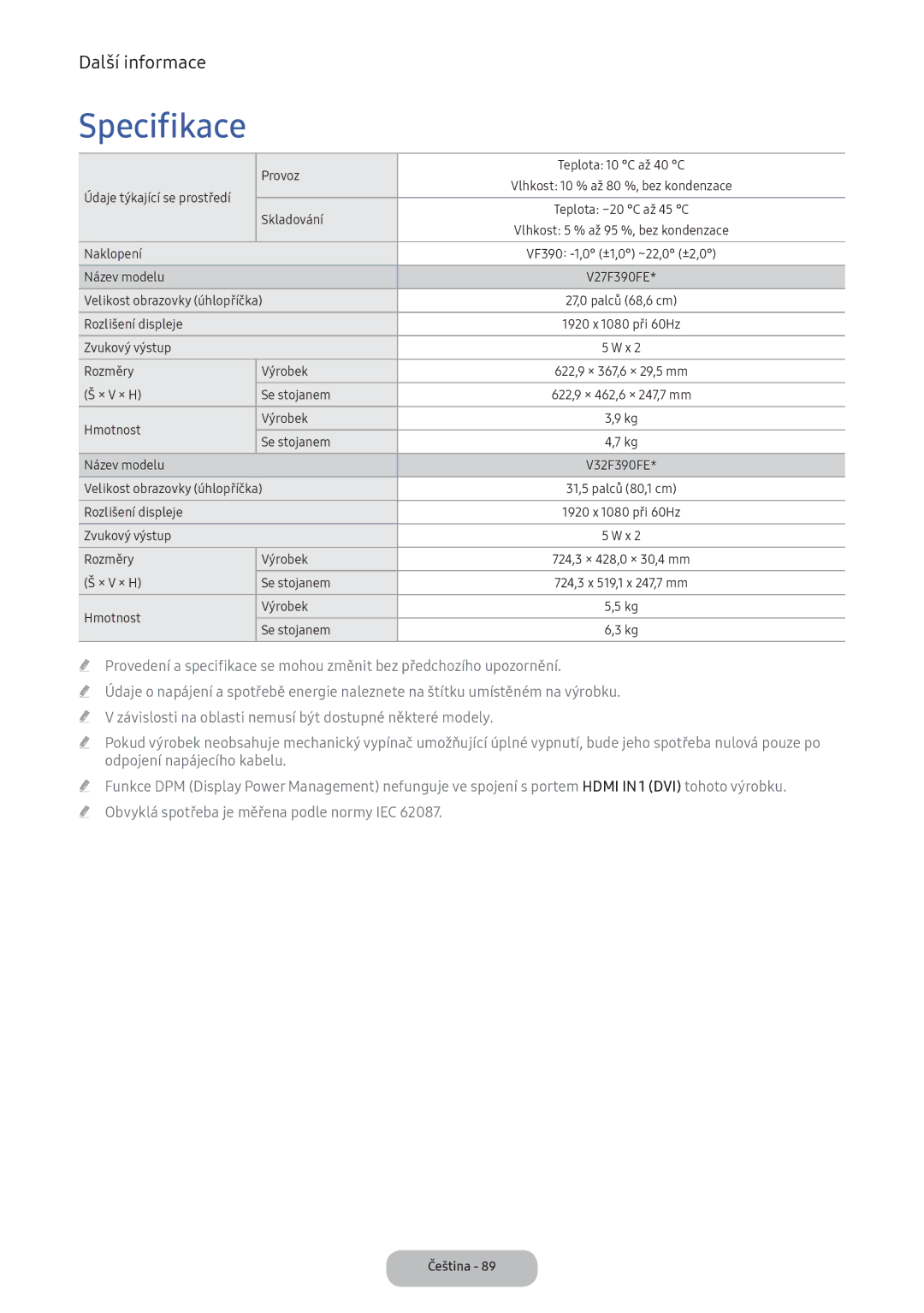 Samsung LV27F390FEIXEN, LV27F390FEWXEN, LV32F390FEWXEN, LV32F390FEXXEN, LV32F390FEIXEN manual Specifikace 