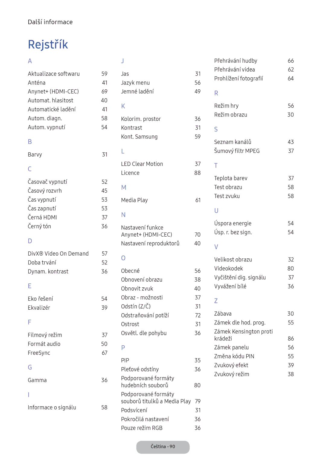 Samsung LV27F390FEWXEN, LV32F390FEWXEN, LV32F390FEXXEN, LV32F390FEIXEN, LV27F390FEIXEN manual Rejstřík, 57 O, 37 T, 37 Z 