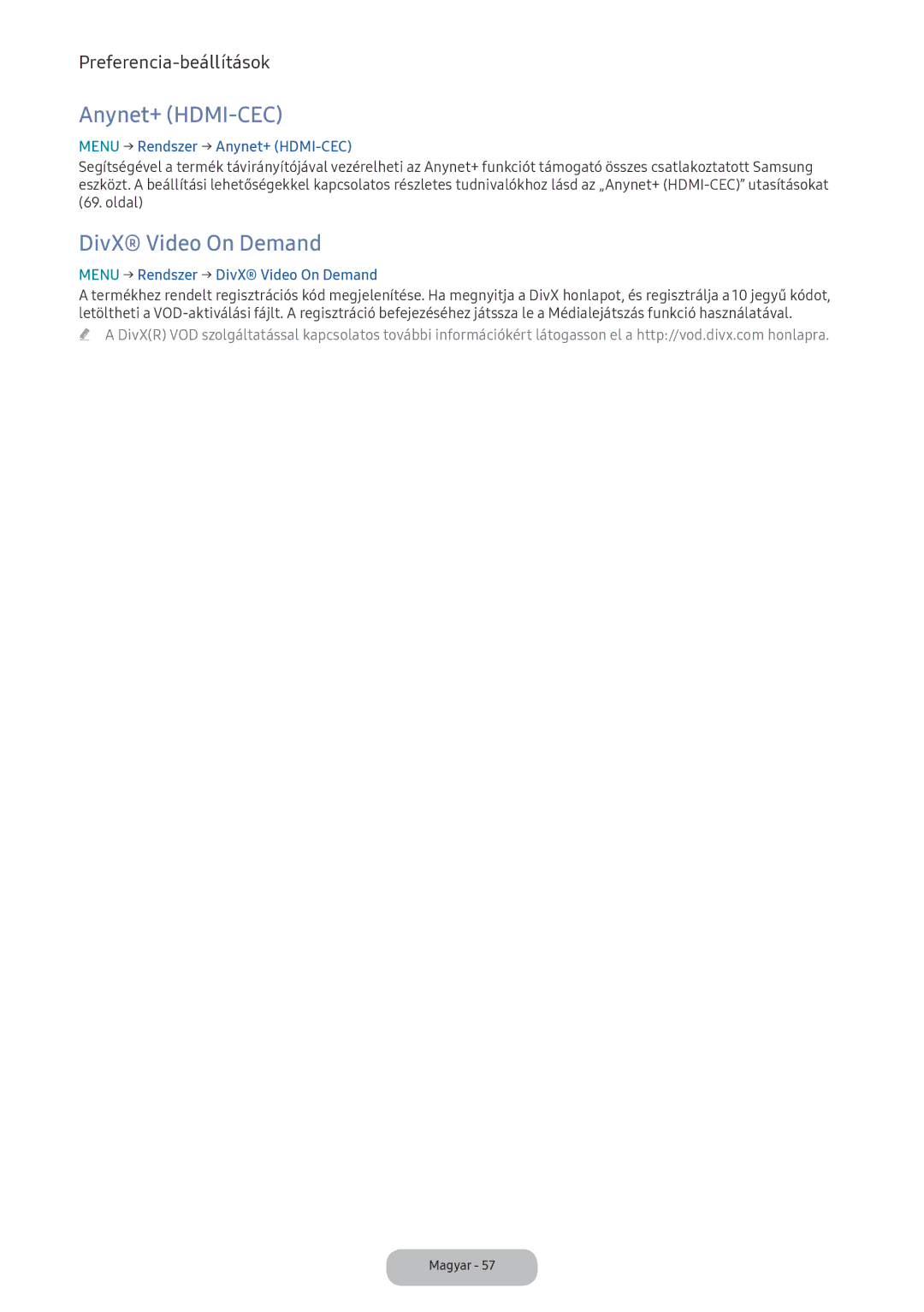 Samsung LV32F390FEXXEN, LV27F390FEWXEN, LV32F390FEWXEN manual DivX Video On Demand, Menu → Rendszer → Anynet+ HDMI-CEC 