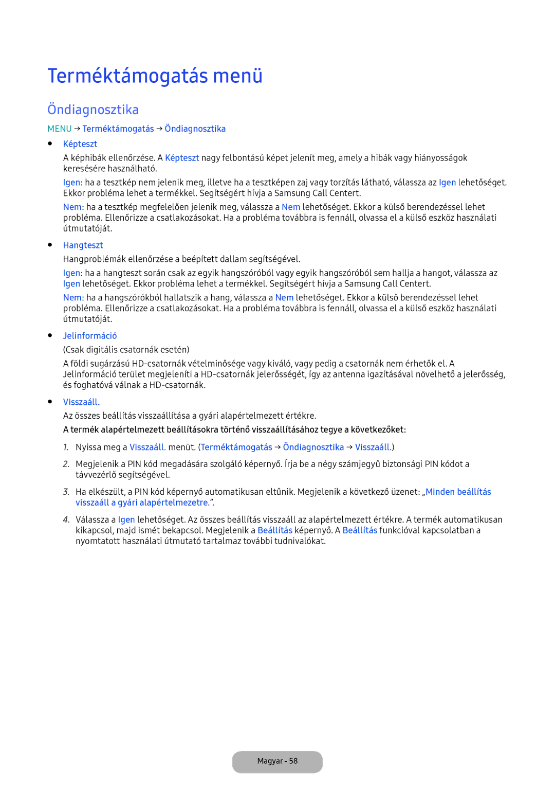 Samsung LV32F390FEIXEN, LV27F390FEWXEN, LV32F390FEWXEN, LV32F390FEXXEN, LV27F390FEIXEN Terméktámogatás menü, Öndiagnosztika 