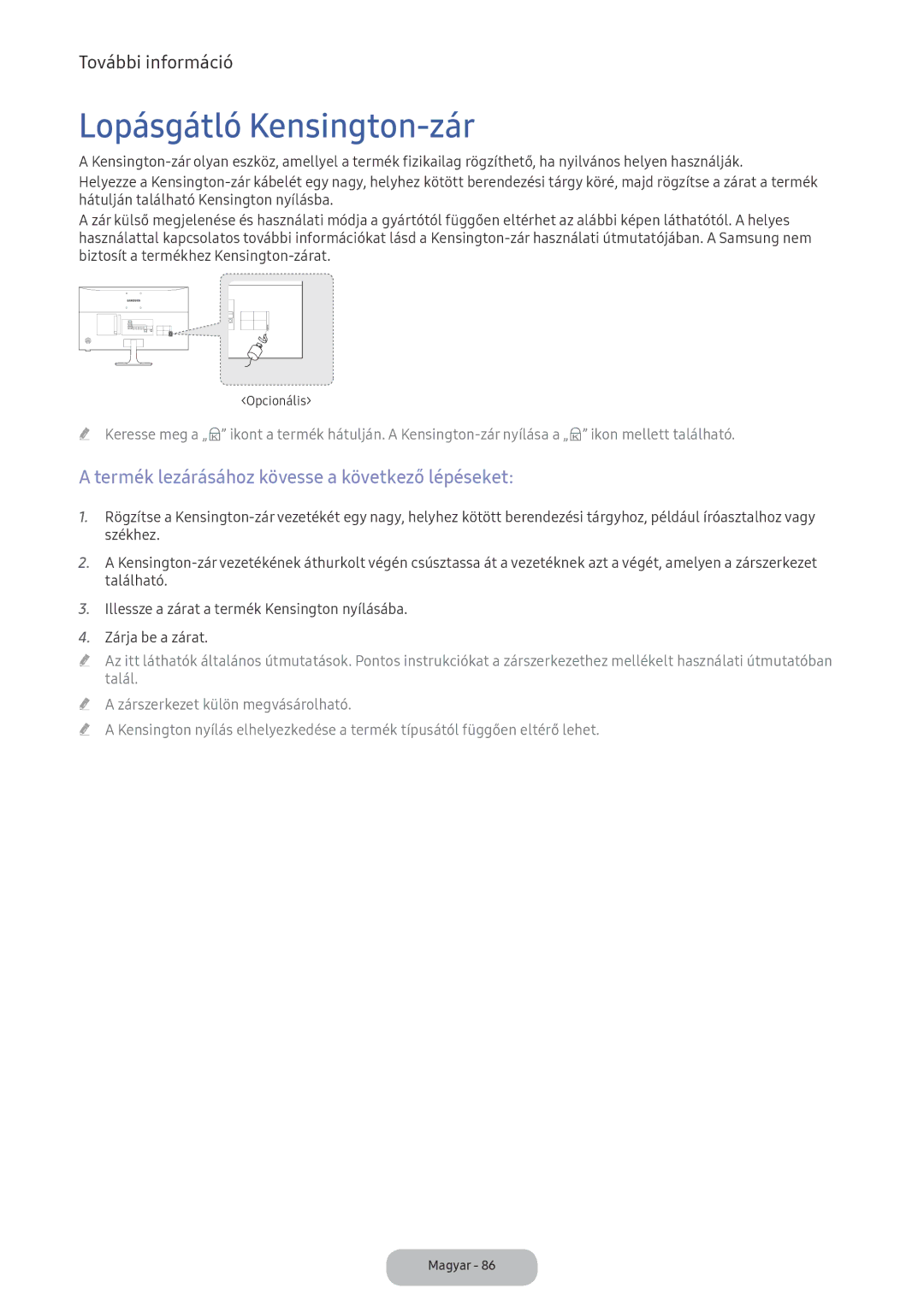 Samsung LV32F390FEWXEN, LV27F390FEWXEN manual Lopásgátló Kensington-zár, Termék lezárásához kövesse a következő lépéseket 