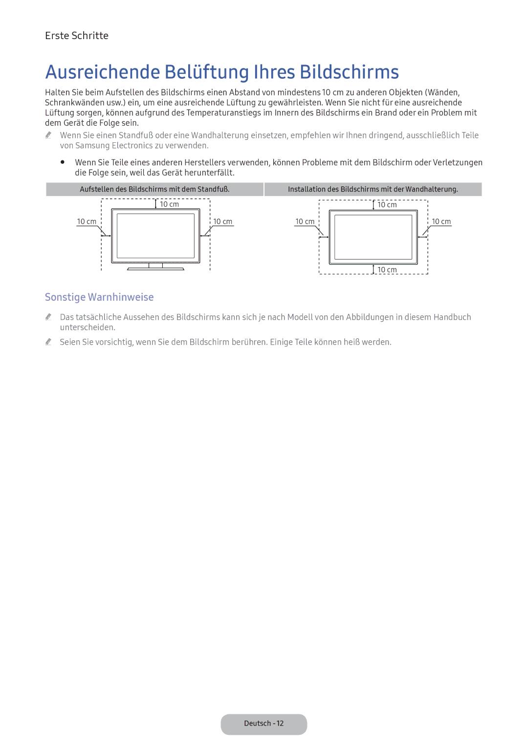 Samsung LV27F390FEWXEN, LV32F390FEWXEN, LV32F390FEXXEN manual Ausreichende Belüftung Ihres Bildschirms, Sonstige Warnhinweise 