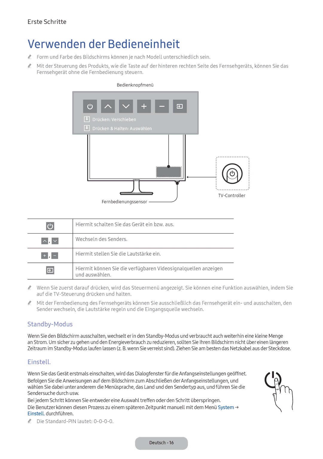 Samsung LV32F390FEWXEN, LV27F390FEWXEN, LV32F390FEXXEN manual Verwenden der Bedieneinheit, Standby-Modus, Einstell 