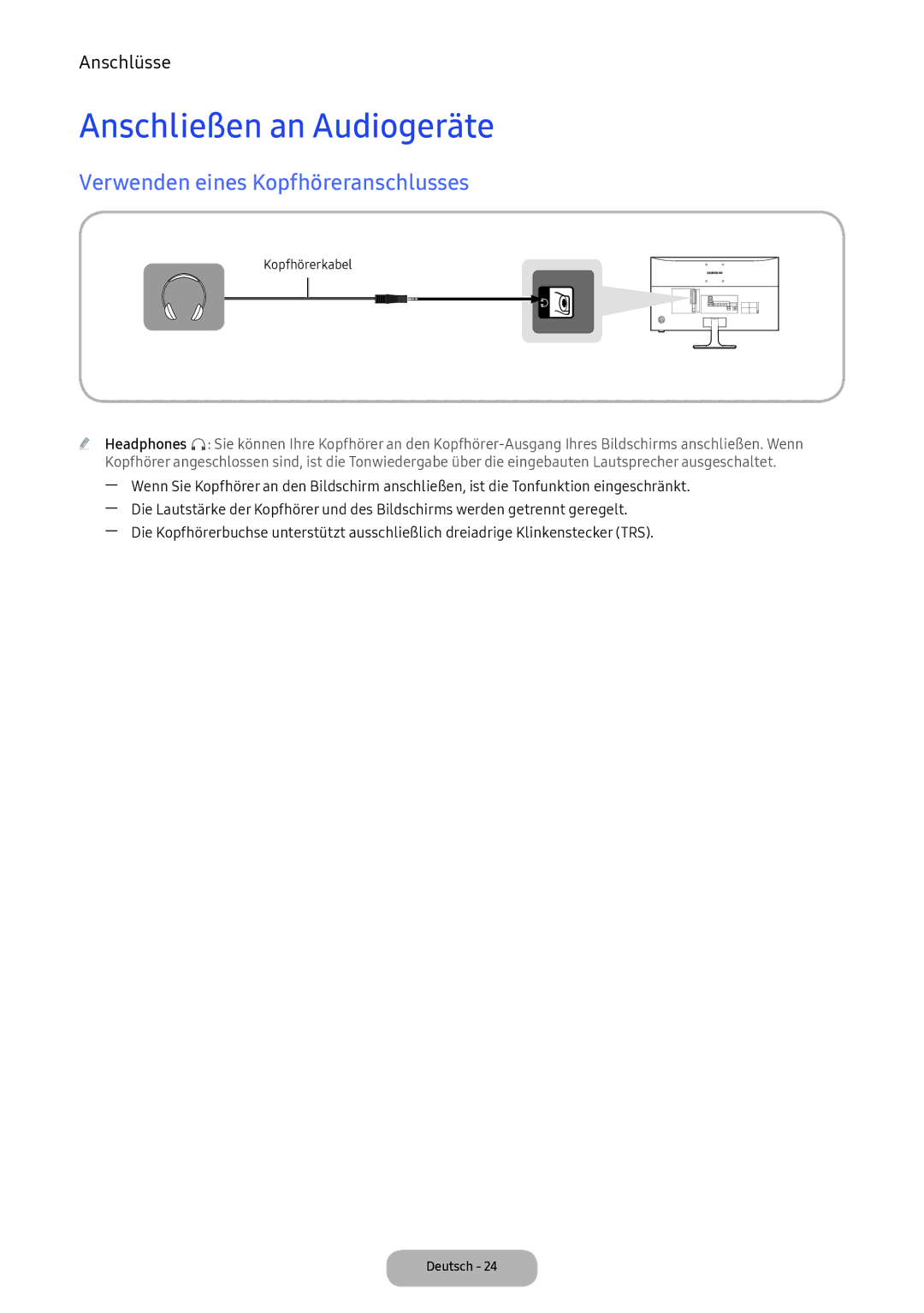 Samsung LV27F390FEWXEN, LV32F390FEWXEN, LV32F390FEXXEN Anschließen an Audiogeräte, Verwenden eines Kopfhöreranschlusses 