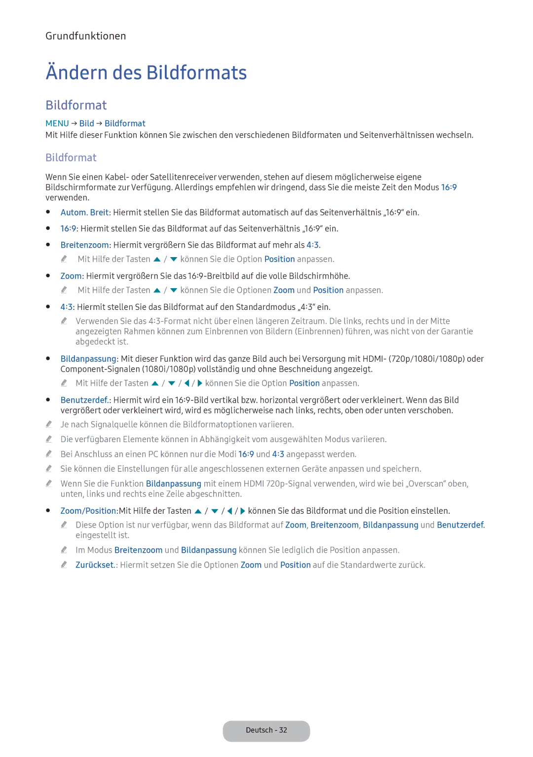 Samsung LV32F390FEXXEN, LV27F390FEWXEN, LV32F390FEWXEN manual Ändern des Bildformats, Menu → Bild → Bildformat 