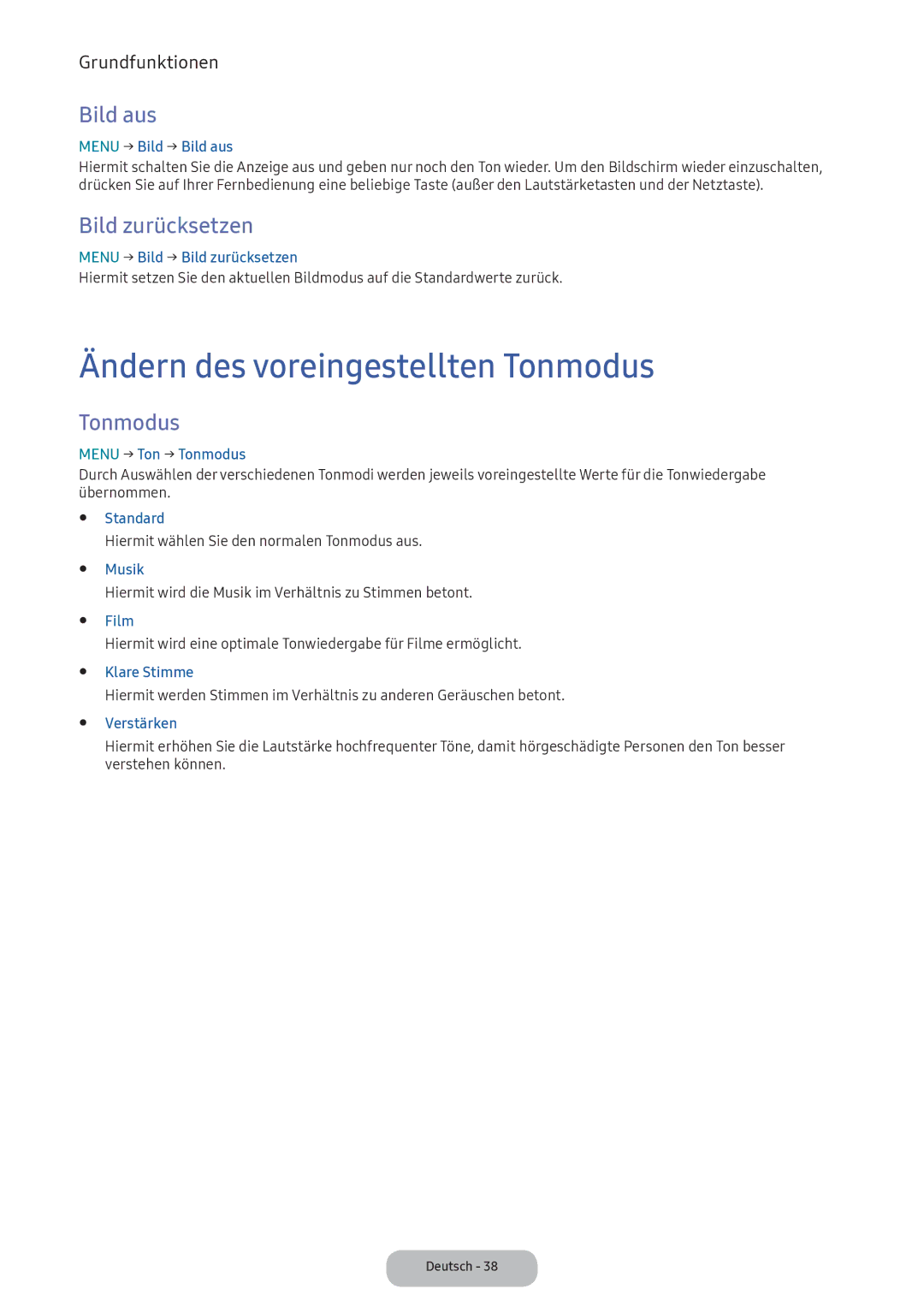 Samsung LV32F390FEXXEN, LV27F390FEWXEN, LV32F390FEWXEN Ändern des voreingestellten Tonmodus, Bild aus, Bild zurücksetzen 