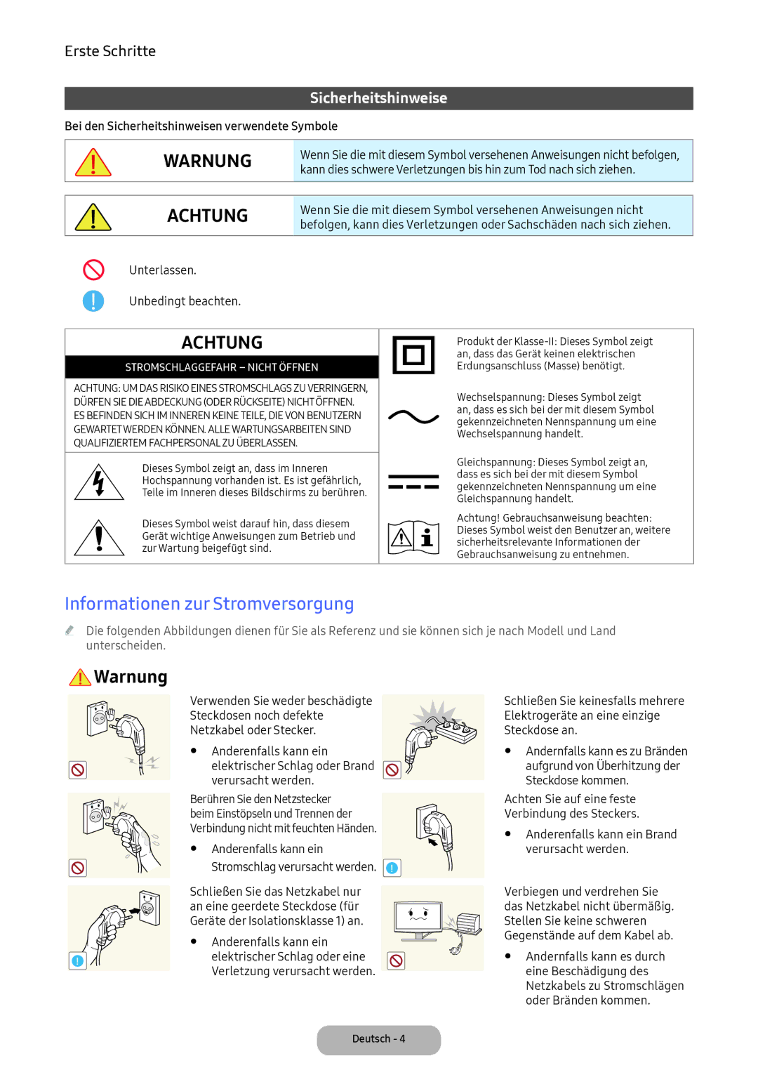 Samsung LV32F390FEWXEN Informationen zur Stromversorgung, Unterlassen Unbedingt beachten, Geräte der Isolationsklasse 1 an 