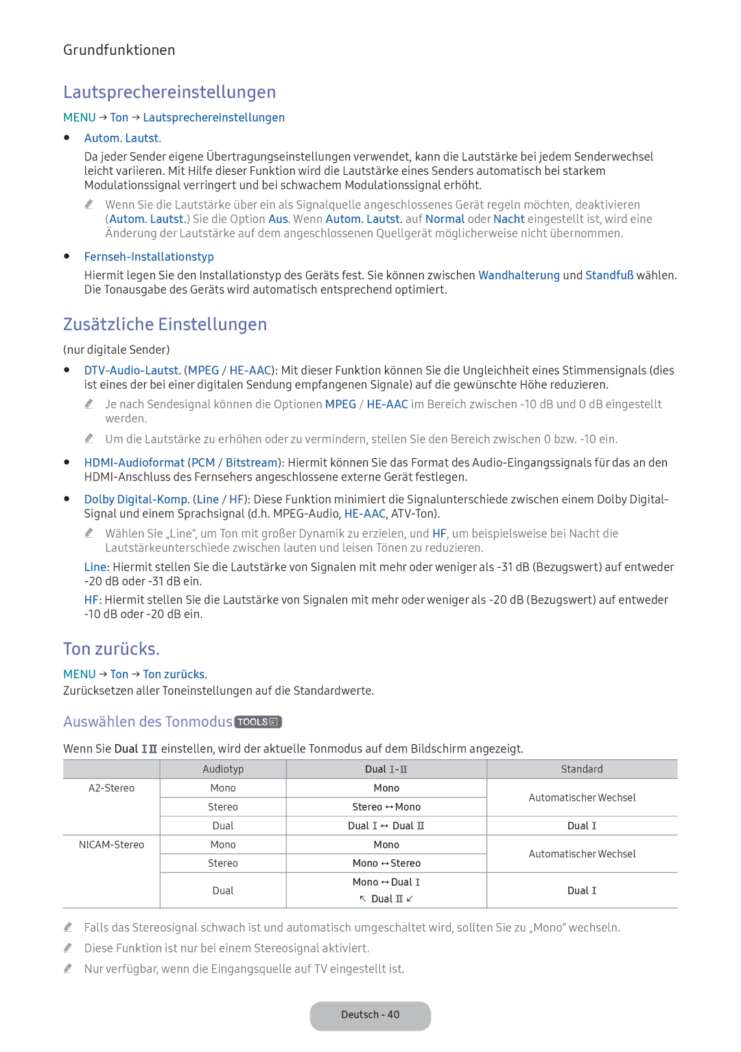 Samsung LV32F390FEWXEN manual Lautsprechereinstellungen, Zusätzliche Einstellungen, Ton zurücks, Auswählen des Tonmodust 