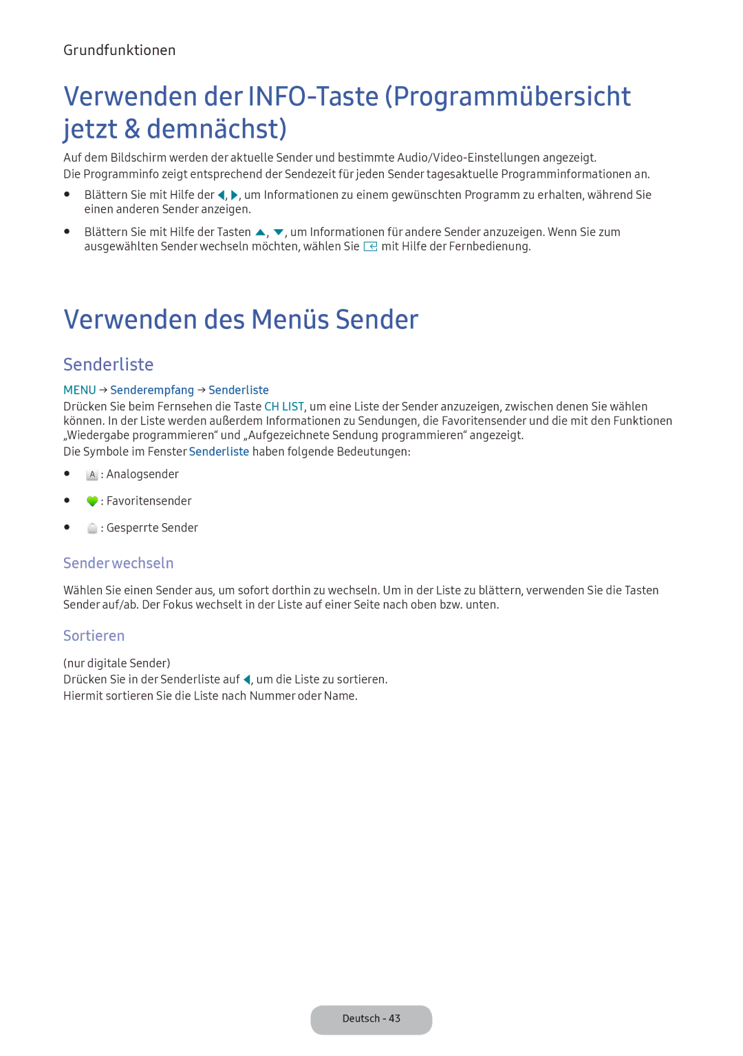 Samsung LV32F390FEWXEN, LV27F390FEWXEN, LV32F390FEXXEN Verwenden des Menüs Sender, Senderliste, Sender wechseln, Sortieren 