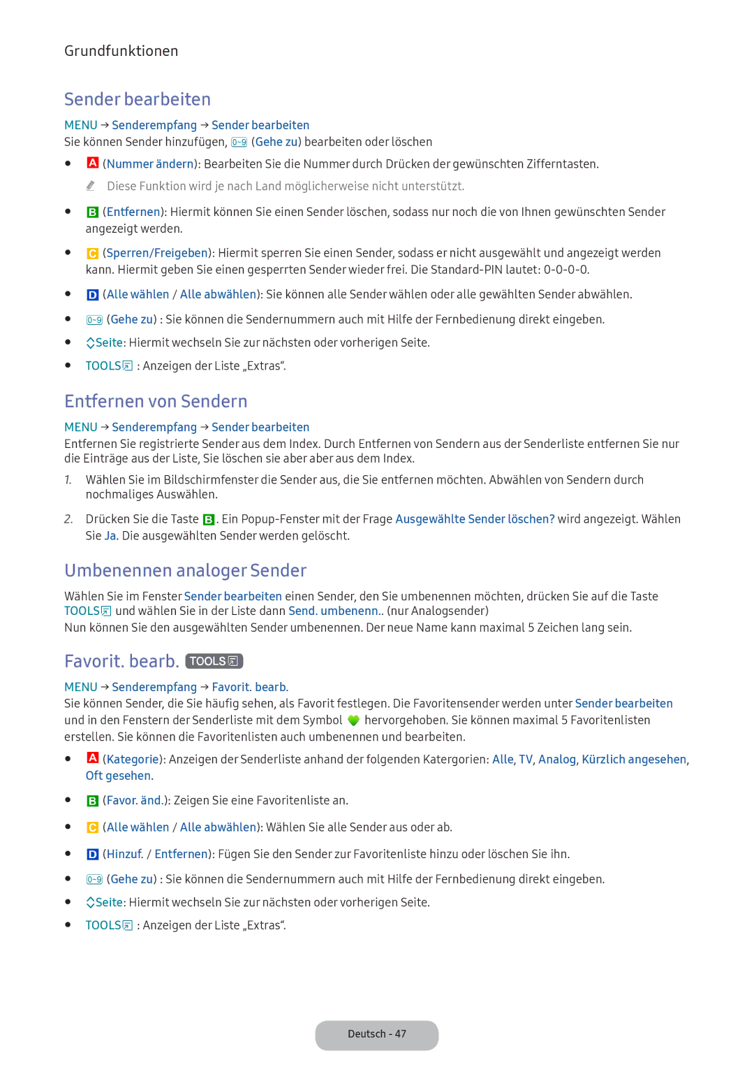 Samsung LV32F390FEXXEN manual Sender bearbeiten, Entfernen von Sendern, Umbenennen analoger Sender, Favorit. bearb. t 