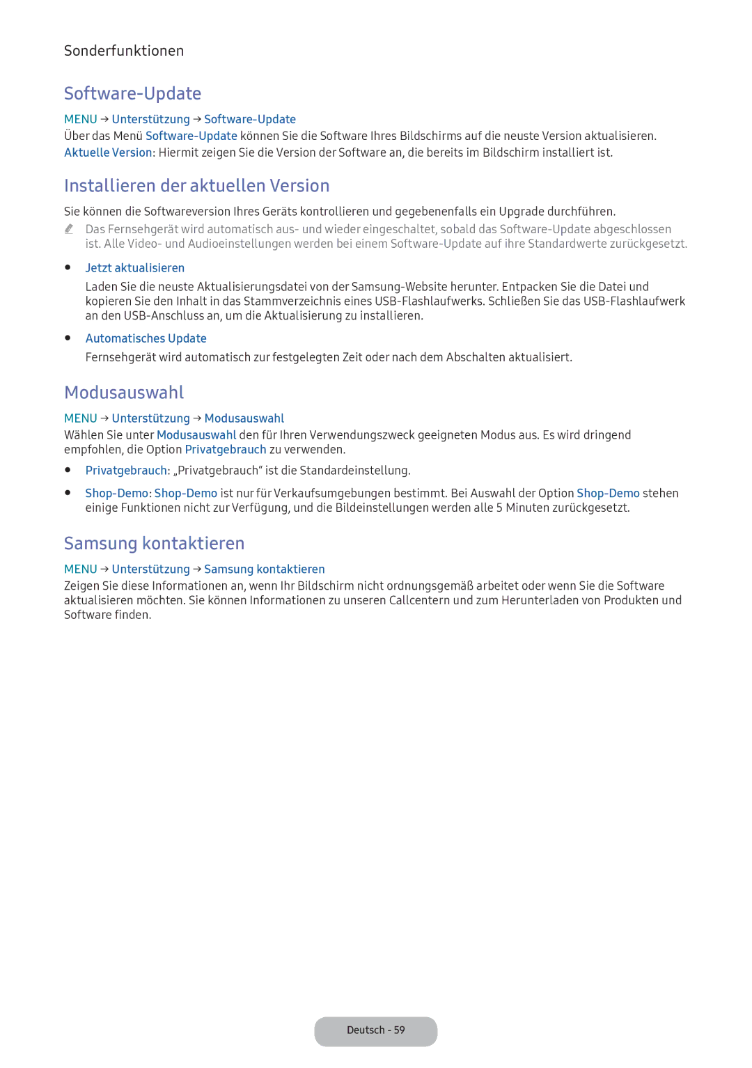 Samsung LV32F390FEXXEN manual Software-Update, Installieren der aktuellen Version, Modusauswahl, Samsung kontaktieren 