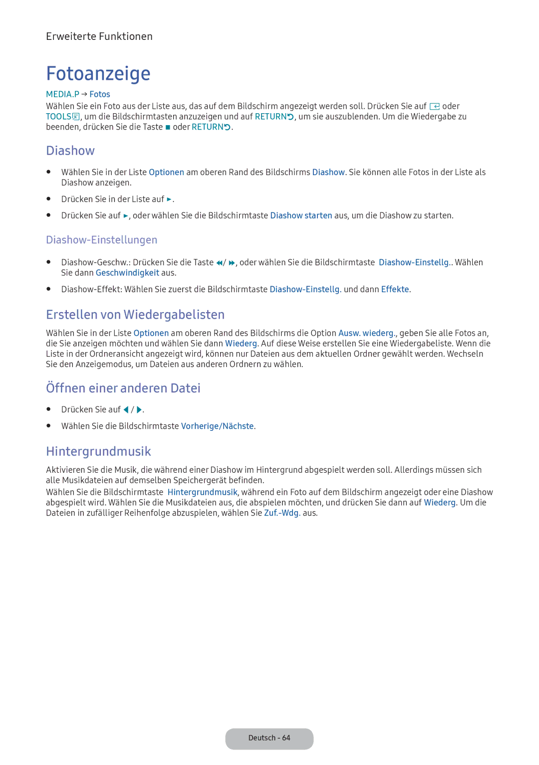 Samsung LV32F390FEWXEN Fotoanzeige, Diashow, Erstellen von Wiedergabelisten, Öffnen einer anderen Datei, Hintergrundmusik 
