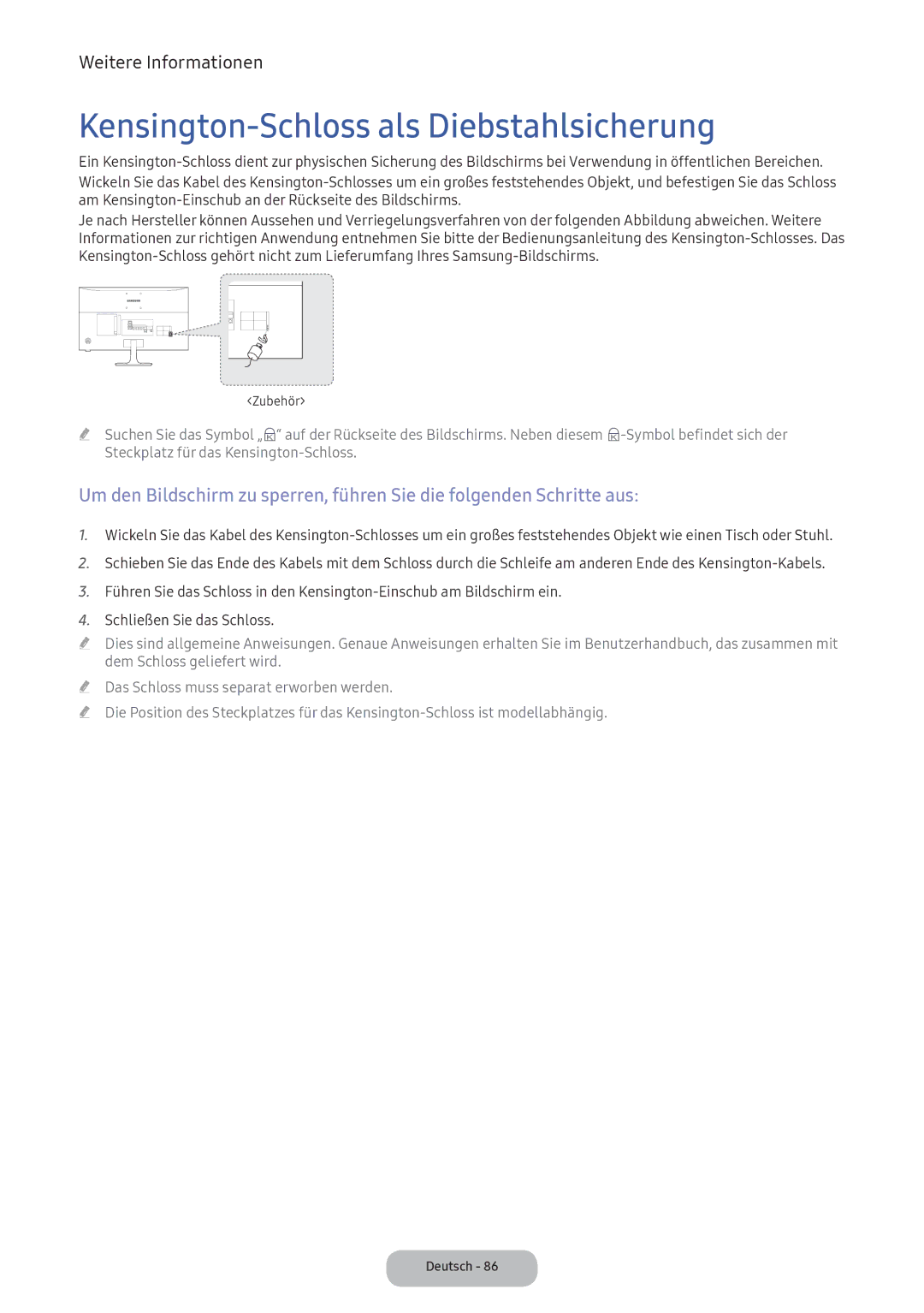 Samsung LV32F390FEXXEN, LV27F390FEWXEN, LV32F390FEWXEN manual Kensington-Schloss als Diebstahlsicherung 