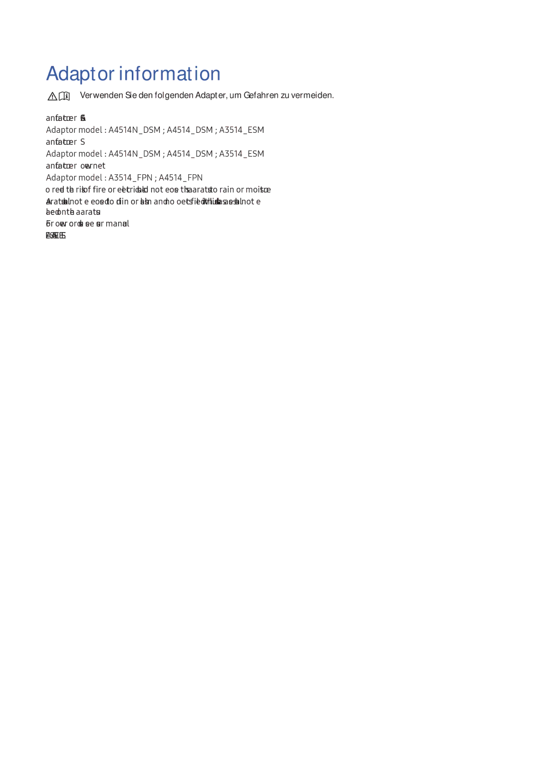 Samsung LV32F390FEWXEN, LV27F390FEWXEN, LV32F390FEXXEN manual Adaptor information, Atencion Solo Para USO EN Interiores 