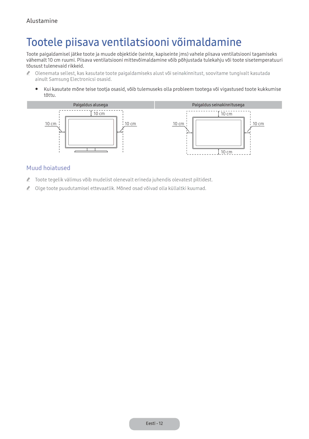 Samsung LV27F390FEWXEN, LV32F390FEWXEN manual Tootele piisava ventilatsiooni võimaldamine, Muud hoiatused 