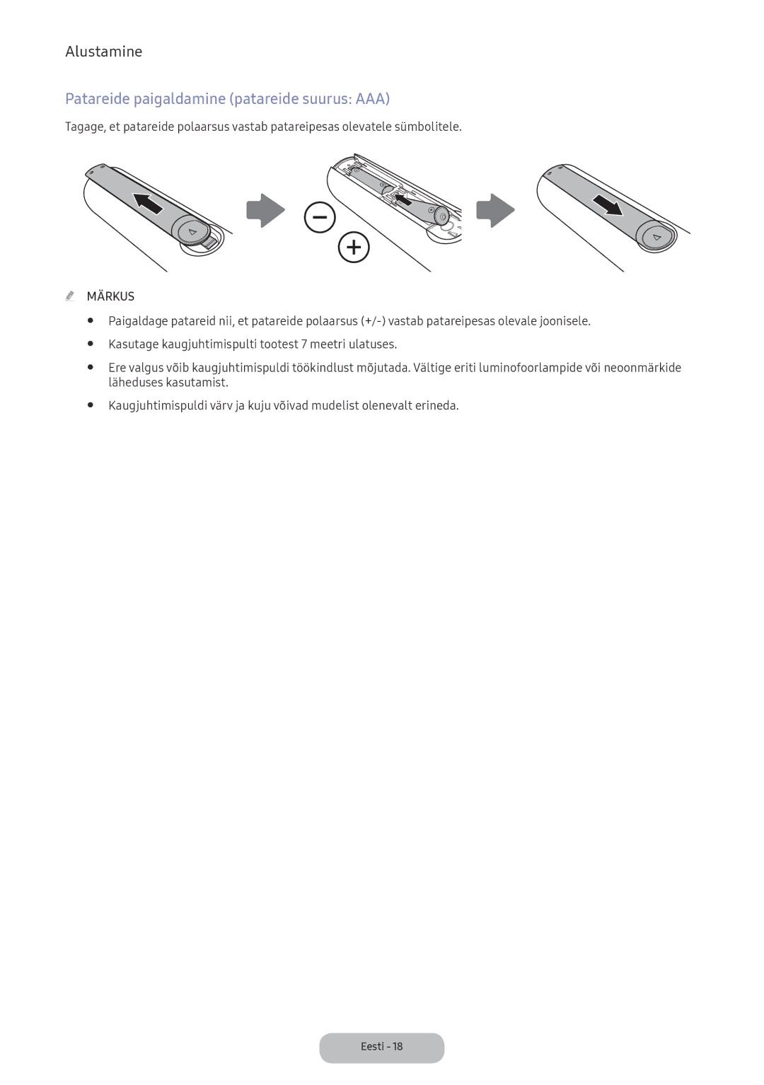 Samsung LV27F390FEWXEN, LV32F390FEWXEN manual Patareide paigaldamine patareide suurus AAA, Märkus 