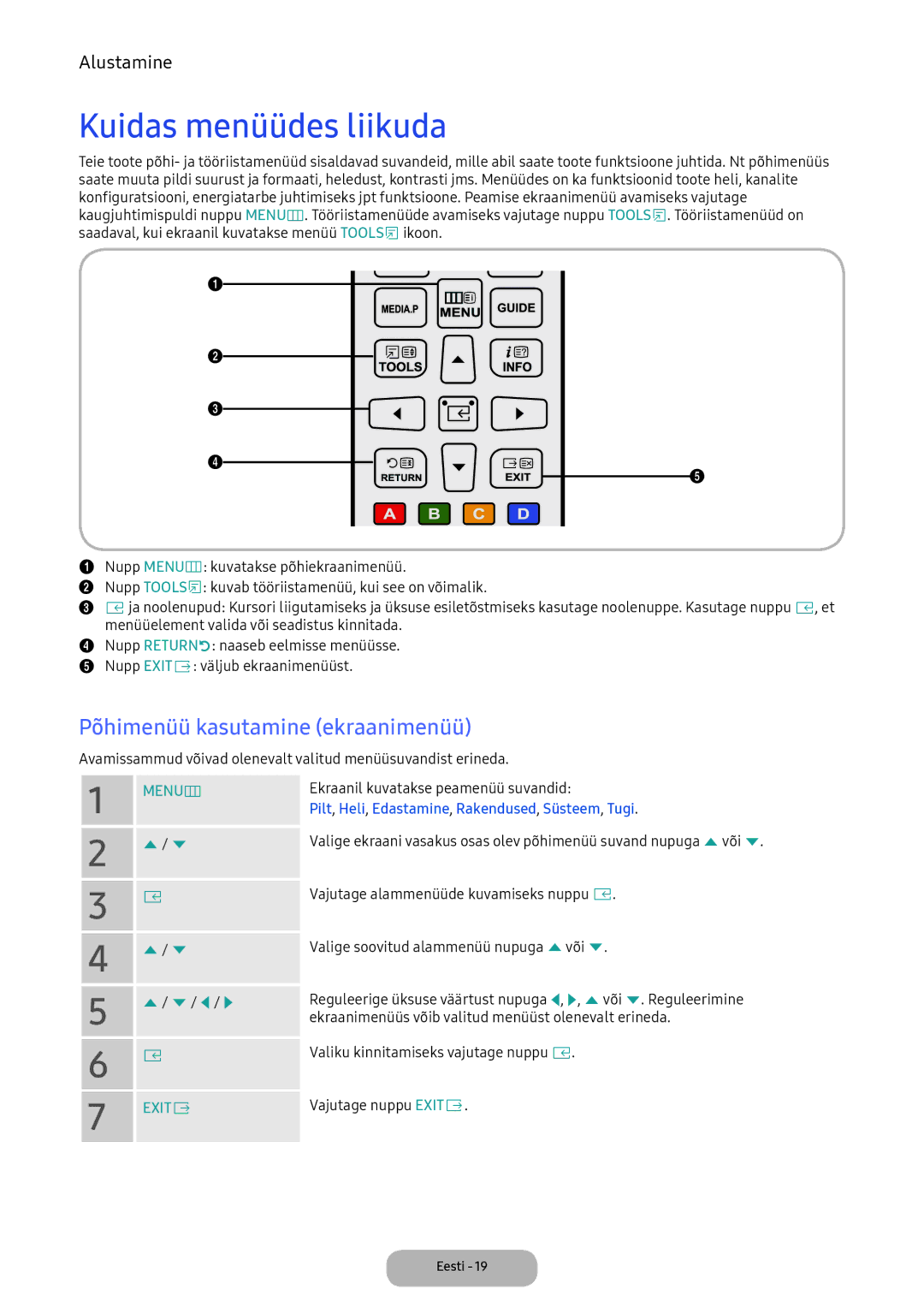 Samsung LV32F390FEWXEN, LV27F390FEWXEN manual Kuidas menüüdes liikuda, Põhimenüü kasutamine ekraanimenüü 