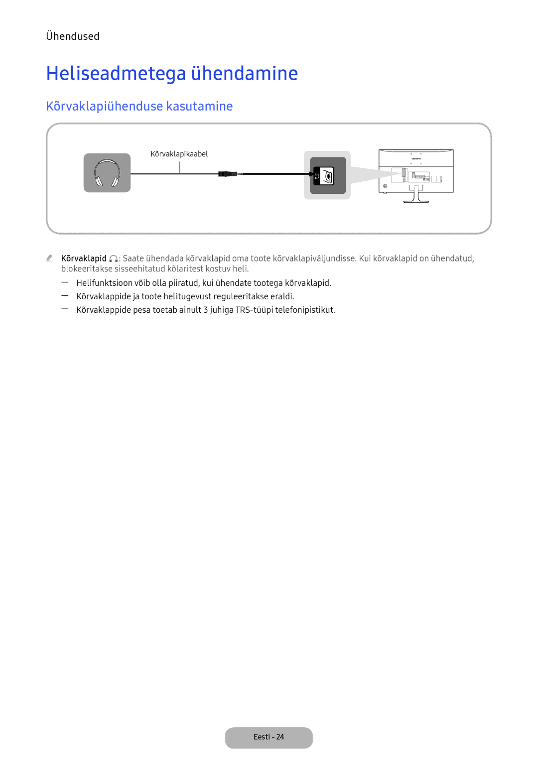 Samsung LV27F390FEWXEN, LV32F390FEWXEN manual Heliseadmetega ühendamine, Kõrvaklapiühenduse kasutamine 