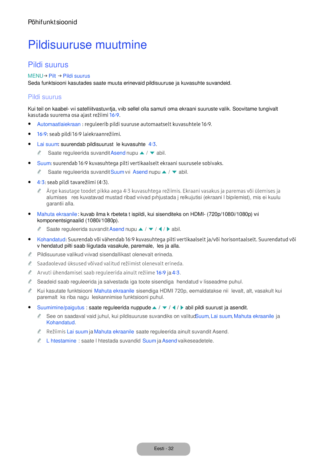 Samsung LV27F390FEWXEN, LV32F390FEWXEN manual Pildisuuruse muutmine, Menu → Pilt → Pildi suurus 